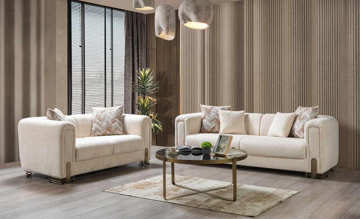 Trento Modern Sofa & Loveseat Set (Ivory Boucle)