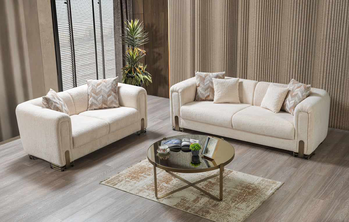 Trento Modern Sofa & Loveseat Set (Ivory Boucle)