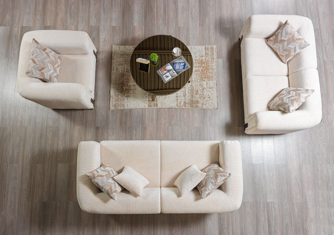 Trento Modern Sofa & Loveseat Set (Ivory Boucle)